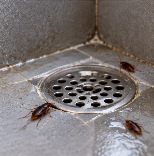 Cockroaches around a floor drain